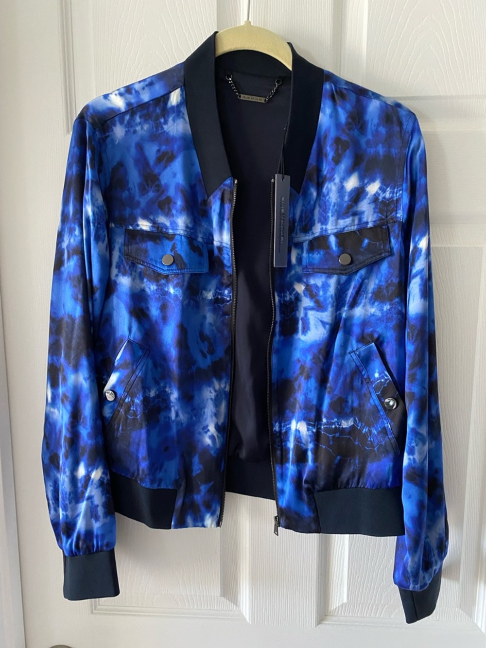 Elie Tahari Blue and Black Tie-Dye Satin Bomber Jacket silk